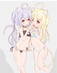 Rule 34 | 2girls, absurdres, ahoge, animal ears, bare arms, bare legs, bell, bikini, black bikini, blonde hair, breasts, cat ears, collar, flat chest, hair between eyes, heart, heart hands, highres, holding hands, interlocked fingers, jingdong ssa, long hair, looking at viewer, looking to the side, multiple girls, neck bell, one eye closed, open mouth, original, side-tie bikini bottom, small breasts, swimsuit, tail