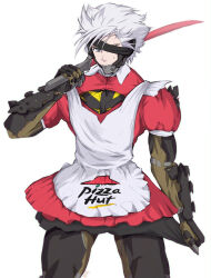Rule 34 | 1boy, apron, armor, crossdressing, dress, grey hair, highres, holding, holding sword, holding weapon, male focus, metal gear (series), metal gear rising: revengeance, one eye covered, pizza hut, raiden (metal gear), red dress, simple background, solo, sweatdrop, sword, weapon, white apron, white background, white hair, yoracrab