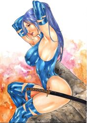 Rule 34 | 1girl, arms up, artist request, ass, ass press, between buttocks, black hair, blue leotard, breasts, curvy, hand in own hair, highleg, highleg leotard, highres, holding, holding weapon, huge ass, katana, large breasts, leotard, light smile, lips, long hair, looking at viewer, looking to the side, marvel, painting (medium), psylocke, shiny clothes, shiny skin, sitting, skindentation, smile, solo, sword, thong leotard, traditional media, very long hair, watercolor (medium), weapon, wide hips, x-men