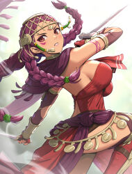 Rule 34 | 1girl, alternate hairstyle, braid, breasts, brown eyes, capelet, commentary request, dark-skinned female, dark skin, dual wielding, facial mark, fire emblem, fire emblem: three houses, fire emblem warriors, fire emblem warriors: three hopes, gloves, gonzarez, hair ornament, highres, holding, holding weapon, jewelry, large breasts, long hair, looking at viewer, nintendo, official alternate costume, official alternate hairstyle, open mouth, petra macneary, purple capelet, purple hair, simple background, solo, sword, thighs, weapon