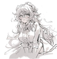 Rule 34 | 1girl, animal ears, anmi, arknights, blush, bow, bowtie, breasts, center frills, collared shirt, frills, glasses, highres, horns, large breasts, long hair, magna naumann, monochrome, open mouth, shirt, simple background, sleeves rolled up, solo, upper body, white background, white shirt
