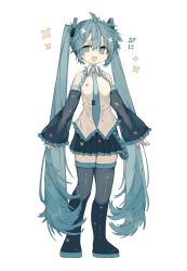 Rule 34 | 1girl, black footwear, black skirt, black sleeves, black thighhighs, blue eyes, blue hair, blue necktie, boots, collared shirt, commentary request, deep (deep4946), detached sleeves, flower (symbol), full body, hair ornament, hatsune miku, heart, highres, long hair, necktie, no pupils, open mouth, pleated skirt, shirt, simple background, skirt, sleeveless, sleeveless shirt, sleeves past wrists, smile, solo, thigh boots, thighhighs, twintails, very long hair, vocaloid, white background, white shirt, x hair ornament, zettai ryouiki