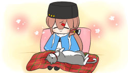 Rule 34 | 1girl, :&gt;, animal, black ribbon, blanket, blush, brown hair, cat, chibi, closed eyes, commentary request, fur hat, hair between eyes, hair ornament, hair ribbon, hairclip, hat, kantai collection, long hair, low twintails, papakha, pillow, ribbon, scarf, shawl, sitting, smile, tashkent (kancolle), torn clothes, torn scarf, twintails, white scarf, yuasa makoto