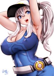 Rule 34 | 1girl, armpits, arms behind head, arms up, artist name, baseball cap, belt, blue eyes, blush, breasts, cleavage, cosplay, dated, covered erect nipples, female protagonist (pokemon go), female protagonist (pokemon go) (cosplay), hat, highres, huge breasts, impossible clothes, large breasts, lips, long hair, looking to the side, open mouth, pokemon, pokemon go, ponytail, simple background, smile, solo, souryu, taut clothes, teeth, white background, white hair