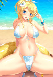 Rule 34 | 10s, 1girl, :d, anklet, arm behind back, arm support, armlet, artist name, ayase eli, bangle, beach, bikini, blonde hair, blue eyes, blush, bracelet, breasts, cameltoe, covered erect nipples, cygnus (cygnus7), day, female focus, floral print, flower, front-tie top, hair flower, hair ornament, hibiscus, highres, jewelry, large breasts, long hair, love live!, love live! school idol project, md5 mismatch, navel, open mouth, ponytail, print bikini, shiny skin, signature, skindentation, smile, solo, spread legs, swimsuit, v