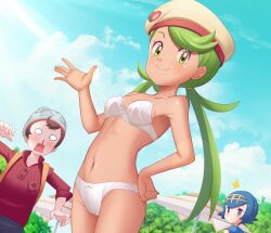 Rule 34 | 1boy, 2girls, blood, blush, chef hat, closed mouth, creatures (company), eyelashes, game freak, gazing eye, green eyes, green hair, hand on own hip, hands up, hat, heart, highres, lana (pokemon), long hair, long sleeves, looking at viewer, mallow (palentine&#039;s 2023) (pokemon), mallow (pokemon), multiple girls, nintendo, nosebleed, official alternate costume, pokemon, pokemon masters ex, pokemon sm, pokemon swsh, shirt, smile, surprised, swept bangs, tongue, tongue out, twintails, underwear, underwear only, victor (pokemon)