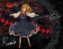 Rule 34 | 1girl, bat (animal), bird, blonde hair, bow, embellished costume, embodiment of scarlet devil, female focus, frills, full moon, gathers, hair bow, hair ribbon, mary janes, moon, nail polish, open mouth, outstretched arms, red eyes, red moon, ribbon, rumia, shoes, short hair, silhouette, solo, takatora, touhou