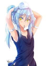 Rule 34 | 1other, androgynous, armpits, arms up, bare arms, bare shoulders, black shirt, blue hair, blush, closed eyes, closed mouth, collarbone, colored eyelashes, commentary request, creature on head, dual persona, hair between eyes, hair tie, hair tie in mouth, long hair, mouth hold, on head, ponytail, rimuru tempest, shirt, sidelocks, signature, sleeveless, sleeveless shirt, slime (creature), tensei shitara slime datta ken, tying hair, upper body, villyane, yellow eyes