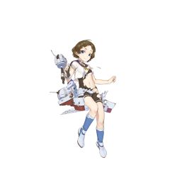 Rule 34 | 1girl, black shorts, blue eyes, blue footwear, boots, breasts, broken, brown hair, cannon, closed mouth, damaged, full body, heiyz, looking at viewer, machinery, magazine (weapon), medal, navel, official art, sailor collar, samuel b roberts (warship girls r), sash, shirt, short hair, short sleeves, shorts, small breasts, smokestack, solo, torn clothes, torpedo, transparent background, turret, warship girls r, white shirt