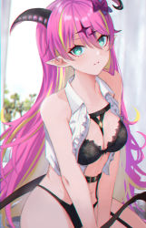 Rule 34 | 1girl, bare arms, black bra, black panties, blonde hair, blue eyes, blurry, blurry background, blush, bow, bra, breasts, center frills, chromatic aberration, cleavage, colored inner hair, crop top, demon horns, frills, hair between eyes, hair bow, hair ornament, highres, hololive, horns, long hair, looking at viewer, mano aloe, medium breasts, multicolored hair, open clothes, open shirt, panties, parted lips, pink hair, pointy ears, purple bow, saco (cgmore), shirt, solo, tail, underwear, v arms, very long hair, virtual youtuber, white shirt