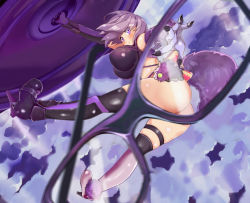 Rule 34 | 1girl, armor, armored boots, armored dress, bare shoulders, bent over, black thighhighs, blush, boots, breasts, cloud, denden taiko, dutch angle, elbow gloves, fate/grand order, fate (series), flying, fur trim, glasses, glasses view, gloves, high heels, huge breasts, looking at viewer, mash kyrielight, midair, official alternate costume, purple eyes, purple hair, shield, short hair, skindentation, sky, smile, solo, tail, thighhighs, thighs, wolf tail, x-ray glasses, x-ray vision