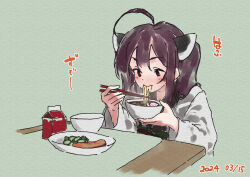Rule 34 | 1girl, ahoge, blush, bowl, brown eyes, brown hair, chopsticks, closed mouth, commentary request, dated, eating, food, food request, green background, headgear, holding, holding bowl, holding chopsticks, japanese clothes, kamaboko, kimono, lamb (hitsujiniku), long sleeves, narutomaki, noodles, plate, simple background, sitting, solo, table, touhoku kiritan, translation request, twintails, upper body, voiceroid, white kimono, wide sleeves