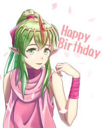Rule 34 | 1girl, fire emblem, fire emblem: mystery of the emblem, green eyes, green hair, hair between eyes, happy birthday, high ponytail, highres, long hair, looking at viewer, nintendo, open mouth, pink ribbon, pointy ears, ribbon, sleeveless, solo, sukkirito (rangusan), tiki (fire emblem), tiki (young) (fire emblem), upper body, very long hair, white background, wrist ribbon