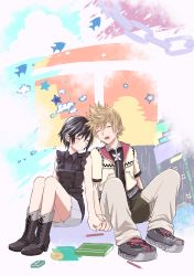 Rule 34 | 1boy, 1girl, black footwear, black hair, blonde hair, book, boots, cd, cross-laced footwear, closed eyes, frilled sleeves, frills, holding hands, hifumi (aiueonigiri), highres, kingdom hearts, kingdom hearts iii, leaning on person, open mouth, pencil, roxas, shoes, skirt, sleeping, sleeping on person, sleeveless, sneakers, spiked hair, thighs, white skirt, window, xion (kingdom hearts), zipper, zipper pull tab