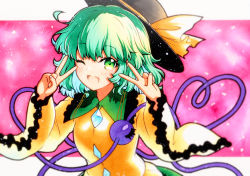 Rule 34 | 1girl, bad id, bad twitter id, double v, frilled sleeves, frills, green eyes, green hair, hat, heart, heart of string, highres, komeiji koishi, long sleeves, looking at viewer, one eye closed, open mouth, qqqrinkappp, shirt, short hair, solo, third eye, touhou, upper body, v, wide sleeves, yellow shirt