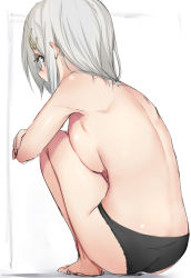 Rule 34 | 10s, 1girl, ass, back, black panties, blue eyes, blush, breast press, breasts, flat ass, from side, hair ornament, hairclip, hamakaze (kancolle), isshiki (ffmania7), kantai collection, knees to chest, knees to chest, large breasts, nose blush, panties, short hair, simple background, sketch, solo, squatting, topless, underwear, underwear only