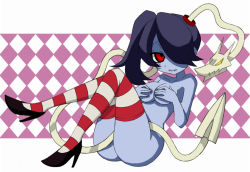 Rule 34 | 1girl, argyle, argyle background, argyle clothes, bare shoulders, black footwear, blue hair, blue skin, blush, breasts, colored skin, covering breasts, covering privates, hair over one eye, high heels, leviathan (skullgirls), misaki naoe, nude, purple hair, red eyes, shoes, side ponytail, skullgirls, squigly (skullgirls), stitched mouth, stitches, striped clothes, striped thighhighs, thighhighs, zombie