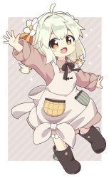 Rule 34 | 1girl, ahoge, apron, black bow, black bowtie, black footwear, blush stickers, boots, border, bow, bowtie, brown eyes, chibi, collared shirt, commentary request, fang, flower, full body, green hair, hair flower, hair ornament, hand up, highres, leg up, long sleeves, looking at viewer, medium hair, open mouth, original, outside border, pila-pela, pocket, red shirt, shirt, sidelocks, skin fang, solo, white apron, white border