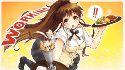 Rule 34 | !, !!, 1girl, :o, apron, blush, breasts, brown eyes, brown hair, courreges ace, food, ice cream, large breasts, loafers, long hair, open mouth, ponytail, shoes, solo, sundae, taneshima popura, tray, waitress, working!!