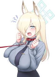 Rule 34 | 1girl, animal collar, animal ear fluff, animal ears, black skirt, blonde hair, blue archive, blue eyes, blue necktie, breasts, clenched hand, collar, commentary request, cuffs, dog ears, greenteamousou, grey shirt, hair over one eye, halo, handcuffs, hands up, highres, kanna (blue archive), korean commentary, large breasts, long hair, long sleeves, looking at viewer, necktie, open mouth, pencil skirt, police, police uniform, policewoman, restrained, sharp teeth, shirt, shirt tucked in, simple background, skirt, sweat, teeth, tie clip, uniform, upper body, v-shaped eyebrows, white background
