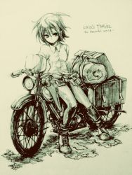 Rule 34 | 00s, 1girl, artist request, coat, female focus, gun, hermes (kino no tabi), kino (kino no tabi), kino no tabi, monochrome, motor vehicle, motorcycle, short hair, sketch, solo, weapon