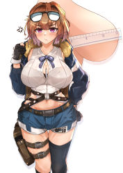 Rule 34 | 1girl, absurdres, aviator sunglasses, between breasts, black gloves, black thighhighs, blue jacket, blue shorts, blush, breasts, brown hair, eyewear on head, girls&#039; frontline, gloves, grizzly mkv (girls&#039; frontline), highres, jacket, large breasts, long sleeves, muteppona hito, open clothes, open jacket, partially fingerless gloves, purple eyes, ruler, shirt, short hair, short shorts, shorts, single thighhigh, sleeveless, sleeveless shirt, sunglasses, thigh strap, thighhighs, white shirt