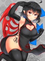 Rule 34 | 1girl, ahoge, alternate costume, arm up, armpits, asymmetrical wings, bare shoulders, black dress, black gloves, black hair, black thighhighs, blue wings, blush, breasts, china dress, chinese clothes, cleavage, cleavage cutout, clenched hand, clothing cutout, commentary request, cross-laced clothes, cross-laced cutout, daichi (tokoya), dress, elbow gloves, feet out of frame, gloves, grey background, groin, hair between eyes, hand up, heart cutout, highres, houjuu nue, large breasts, looking at viewer, no panties, pelvic curtain, pointy ears, red eyes, red footwear, red wings, shoes, short hair, sidelocks, skindentation, smile, solo, thick thighs, thighhighs, thighs, touhou, wings