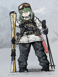 Rule 34 | 1girl, alternate costume, arctic camouflage, black gloves, black pants, blush, breath, bulletproof vest, camouflage, camouflage coat, closed eyes, closed mouth, coat, commentary request, cookie (touhou), daiyousei, diyusi (cookie), full body, gloves, goggles, goggles on headwear, grey sky, gun, hair between eyes, handgun, highres, holding ski pole, holster, holstered, long bangs, long hair, micro uzi, oomiya (nicoseiga96593860), outdoors, pants, pouch, ski gear, ski goggles, skis, sky, smile, snow, snowing, solo, standing, touhou, traffic baton, weapon, white coat