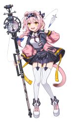 Rule 34 | 1girl, absurdres, animal ears, arknights, black hairband, black jacket, black skirt, cat ears, cat girl, cat tail, floppy ears, full body, goldenglow (arknights), hairband, highres, holding, holding weapon, id card, jacket, lightning bolt print, long hair, looking at viewer, multicolored clothes, multicolored jacket, open mouth, pink footwear, pink hair, pink jacket, print hairband, scottish fold, shirt, simple background, skirt, solo, standing, tail, thighhighs, two-tone jacket, weapon, white background, white shirt, white thighhighs, yellow eyes, yeong r6