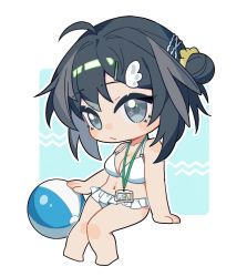 Rule 34 | 1girl, ahoge, arknights, ball, bare arms, bare legs, bare shoulders, barefoot, beachball, bikini, black hair, blue background, blush stickers, breasts, cleavage, closed mouth, commentary request, frilled bikini, frills, full body, grey eyes, hair bun, hair ornament, hairclip, la pluma (arknights), la pluma (summer flowers) (arknights), looking at viewer, marchrin, medium breasts, outline, sitting, solo, swimsuit, two-tone background, white background, white bikini, white outline, x hair ornament
