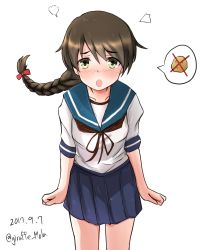 Rule 34 | 10s, 1girl, 2017, blue sailor collar, blue skirt, blush, braid, brown eyes, brown hair, dated, giraffe (ilconte), highres, kantai collection, leaning forward, long hair, looking at viewer, one-hour drawing challenge, pleated skirt, potato, sailor collar, school uniform, serafuku, simple background, single braid, skirt, solo, speech bubble, twitter username, uranami (kancolle), white background