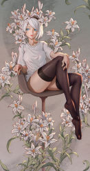 Rule 34 | 1girl, bar stool, black hairband, black thighhighs, blue eyes, bob cut, bottomless, chair, chinese commentary, collarbone, commentary, flower, hairband, highres, knee up, lily (flower), lips, lipstick, looking away, makeup, nier:automata, nier (series), no panties, no shoes, on chair, p21752090, photo-referenced, shirt, short hair, sitting, solo, stool, swept bangs, t-shirt, thighhighs, white flower, white hair, white shirt, 2b (nier:automata)