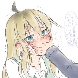 Rule 34 | 2girls, aosora (mizore), bandages, blonde hair, blue eyes, blush, covering own mouth, gagged, hand over another&#039;s mouth, hand over mouth, jc-chan, jk-chan, multiple girls, original, school uniform, serafuku, translation request, yuri