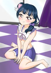 Rule 34 | 1girl, alternate costume, artist name, artist request, bare legs, bare shoulders, barefoot, blue hair, blue skirt, blush, bow, breasts, checkered floor, collarbone, curtains, feet, female focus, full body, hair bow, hair bun, hair ornament, hair over shoulder, half-closed eyes, heart, heart (symbol), heart hair ornament, highres, long hair, looking at viewer, love live!, love live! sunshine!!, low ponytail, miniskirt, parted lips, pink eyes, pink ribbon, plaid, plaid skirt, pleated, pleated skirt, ponytail, purple bow, purple curtains, purple eyes, ribbon, single hair bun, sitting, skirt, smile, solo, squatting, tsushima yoshiko, window