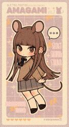 Rule 34 | ..., 1girl, amagami, animal ears, arms at sides, artist name, black bow, black bowtie, blush, bow, bowtie, brown eyes, brown hair, brown sweater, character name, cheese, chibi, closed mouth, copyright name, food, full body, grey skirt, heart, highres, kamizaki risa, kibito high school uniform, long hair, looking at viewer, mouse ears, mouse girl, mouse tail, pleated skirt, rabiyamarabi, school uniform, skirt, socks, solo, sweater, tail, white socks