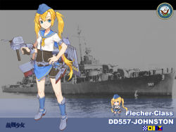 Rule 34 | 1girl, bad id, bad pixiv id, black shorts, blonde hair, blue eyes, blue footwear, blue hat, boots, breasts, cannon, character name, closed mouth, colored eyelashes, copyright name, covered erect nipples, full body, garrison cap, hand on own hip, hat, heiyz, johnston (warship girls r), long hair, looking at viewer, machinery, military, military vehicle, name connection, object namesake, official art, photo background, sailor collar, sash, ship, shirt, shorts, small breasts, smile, solo, standing, text focus, torpedo, turret, twintails, uss johnston (dd-557), very long hair, warship, warship girls r, watercraft, white shirt