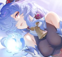 Rule 34 | 1girl, absurdres, ahoge, bare shoulders, bell, blue hair, bodystocking, breasts, cleavage, detached collar, detached sleeves, ganyu (genshin impact), genshin impact, goat horns, highres, horns, long hair, looking at viewer, lying, medium breasts, neck bell, on side, purple eyes, serpent (pepepp39), sidelocks, solo, upper body