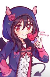 Rule 34 | 1girl, artist name, artist request, black hair, black wings, blush, bow, breasts, candy, collarbone, demon horns, female focus, food, hair bow, heart, heart print, highres, holding candy, holding food, hood, hood up, hooded jacket, horns, jacket, kua (artist), looking at viewer, love live!, love live! school idol festival, love live! school idol project, parted lips, pink legwear, pink neckwear, polka dot, polka dot shirt, purple jacket, red eyes, shirt, short hair, small breasts, smile, solo, striped, striped bow, twintails, white background, white shirt, wings, yazawa nico
