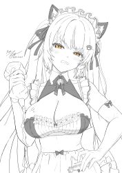 Rule 34 | 1girl, animal ears, apron, blush, breasts, cat ears, dress, elbow gloves, fake animal ears, gloves, goddess of victory: nikke, greyscale, highres, holding, kadiel, large breasts, long hair, maid, maid headdress, monochrome, neck bell, official alternate costume, paw hair ornament, privaty (nikke), privaty (unkind maid) (nikke), solo, spot color, twintails, very long hair, yellow eyes