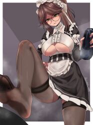 Rule 34 | 1girl, absurdres, blush, breasts, brown hair, constantia s2, feet, glasses, green eyes, highres, holding, holding shoes, large breasts, last origin, long hair, maid, pantyhose, parted lips, ponytail, shoes, unworn shoes, single shoe, soles, steam, toes, underboob