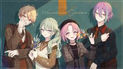 Rule 34 | 2boys, 2girls, akakura, blonde hair, blue hair, blue jacket, bob cut, brown shirt, brown vest, closed mouth, commentary request, green hair, highres, holding, holding plant, jacket, kamishiro rui, kusanagi nene, long hair, looking at viewer, multicolored hair, multiple boys, multiple girls, necktie, ootori emu, open mouth, pink eyes, pink hair, plaid, plaid jacket, plant, project sekai, purple eyes, purple hair, red necktie, round eyewear, shirt, smile, streaked hair, sweater vest, tenma tsukasa, upper body, vest, white sweater vest, wonderlands x showtime (project sekai), yellow eyes, zozotown