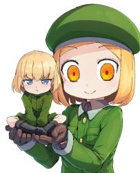 Rule 34 | 2girls, :t, beret, black footwear, blonde hair, blue eyes, boots, brown gloves, closed mouth, coat, commentary, crossover, fate/grand order, fate (series), frown, giant, giantess, girls und panzer, gloves, green coat, green headwear, green jumpsuit, hat, holding person, jumpsuit, katyusha (girls und panzer), looking at viewer, magenta (atyana), multiple girls, paul bunyan (fate), pout, pravda military uniform, short hair, short jumpsuit, simple background, smile, standing, v-shaped eyebrows, white background, yellow eyes