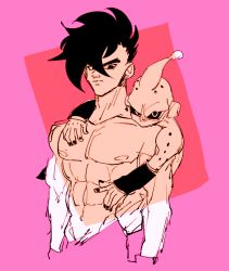 Rule 34 | 1boy, aged up, bad id, bad pixiv id, black eyes, black hair, dragon ball, expressionless, kid buu, looking at viewer, majin buu, male focus, mohawk, nipples, onkywi, pink background, serious, simple background, topless male, upper body, uub