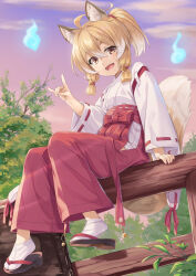 Rule 34 | 1girl, :d, animal ear fluff, animal ears, bell, blonde hair, brown eyes, brown footwear, cloud, cloudy sky, fang, fence, fox ears, fox girl, fox shadow puppet, fox tail, hair bell, hair between eyes, hair ornament, hakama, hakama pants, hitodama, japanese clothes, jingle bell, kimono, long sleeves, looking at viewer, miko, miri (ago550421), on fence, open mouth, original, outdoors, pants, ponytail, red hakama, red pants, ribbon-trimmed sleeves, ribbon trim, shoe soles, short eyebrows, sidelocks, sitting, sitting on fence, sky, smile, socks, solo, tabi, tail, thick eyebrows, white kimono, white socks