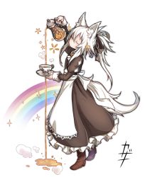Rule 34 | 1girl, animal ear fluff, animal ears, apron, black dress, boots, bow, closed eyes, commentary request, cup, decantering, dress, failure, frilled dress, frills, from side, full body, hair between eyes, hair bow, high heel boots, high heels, kazana (sakuto), long sleeves, maid, maid apron, maid day, original, pitcher (container), pouring, puddle, puffy sleeves, rainbow, saucer, simple background, solo, sparkle, standing, tail, tea, teacup, white background, white hair, wolf ears, wolf tail, you&#039;re doing it wrong