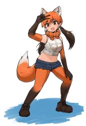 Rule 34 | 10s, 1girl, :d, absurdres, animal ears, arm up, black gloves, black pantyhose, bow, bowtie, brown bow, brown bowtie, brown eyes, brown gloves, brown hair, brown pantyhose, collaboration, denim, denim shorts, elbow gloves, extra ears, full body, gloves, gradient gloves, hand on own knee, highres, kemono friends, looking at viewer, maned wolf (kemono friends), midriff, multicolored clothes, multicolored hair, multicolored legwear, navel, omnisucker, open mouth, orange hair, pantyhose, rumenia (ao2is), shirt, shorts, simple background, sleeveless, sleeveless shirt, smile, solo, tail, twintails, v, white background, wolf ears, wolf tail