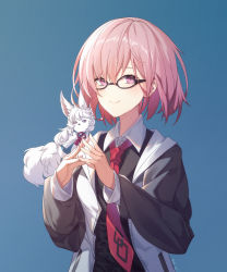Rule 34 | 1girl, absurdres, animal, animal on shoulder, black-framed eyewear, black sleeves, blue background, collared shirt, fate/grand order, fate (series), fou (fate), glasses, highres, hood, hood down, hooded jacket, jacket, long sleeves, looking at viewer, mash kyrielight, necktie, open clothes, open jacket, pink hair, print necktie, purple eyes, red necktie, shirt, short hair, smile, solo, upper body, white jacket, white shirt, wing collar, yurix