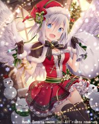 Rule 34 | 1girl, angel wings, bell, black bow, black gloves, black ribbon, black thighhighs, blue eyes, blush, bow, breasts, christmas, christmas wreath, cleavage, cross, cross hair ornament, cross necklace, falkyrie no monshou, flower, gloves, green bow, hair ornament, hat, jewelry, large breasts, looking at viewer, mistletoe, natsumekinoko, necklace, official art, open mouth, red hat, ribbon, sack, santa costume, santa hat, short hair, silver hair, smile, snowman, solo, thighhighs, wings, wreath