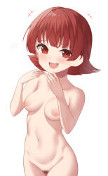 Rule 34 | +++, 1girl, :d, binsen, blush, breasts, collarbone, cowboy shot, female pubic hair, groin, hands up, highres, idolmaster, idolmaster million live!, looking at viewer, medium breasts, navel, nipples, nonohara akane, nude, open mouth, pubic hair, red eyes, red hair, signature, simple background, smile, solo, white background