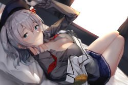 Rule 34 | 1girl, adjusting clothes, adjusting headwear, bad id, bad pixiv id, barefoot, beret, blue eyes, blush, breasts, buttons, closed mouth, epaulettes, gloves, grey shirt, hat, highres, jacket, kantai collection, kashima (kancolle), large breasts, long hair, long sleeves, looking at viewer, lying, military, military jacket, military uniform, neckerchief, off shoulder, on back, on bed, pallad, pleated skirt, red neckerchief, shirt, sidelocks, silver hair, skirt, smile, solo, thighs, tsurime, twintails, uniform, wavy hair, white gloves, white jacket, window